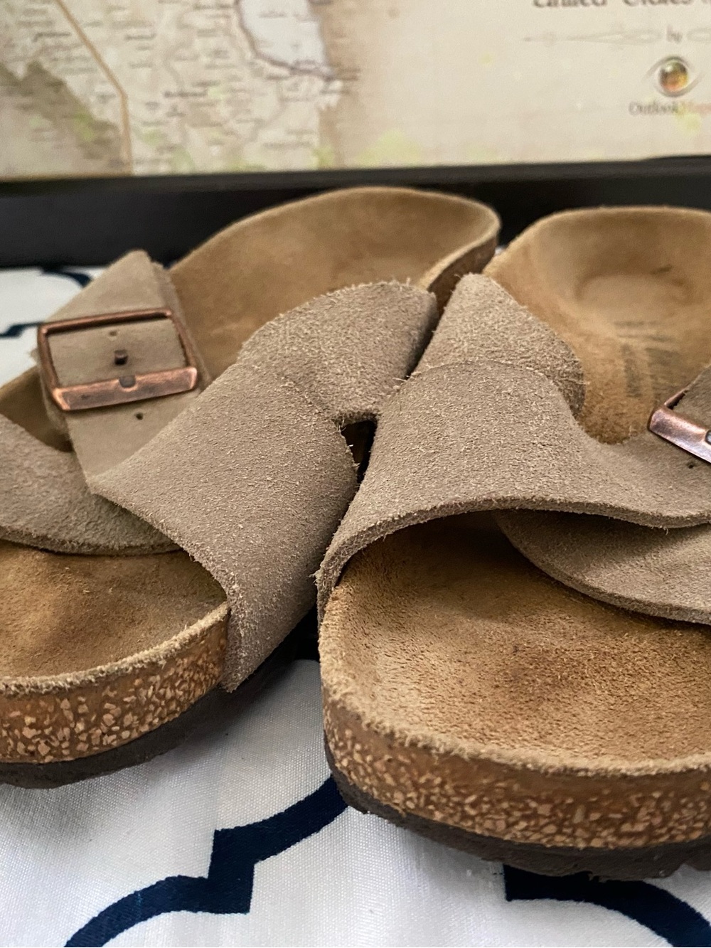 Pre-owned Birkenstock Sienna 40/9 Women’Taupe Suede Sandals with Copper Buckles - Picture 8 of 9